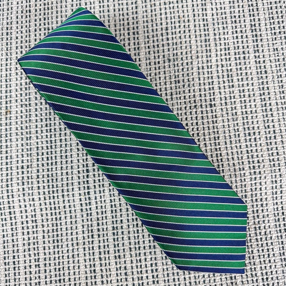Jos. A. Bank Silk Necktie Mens Green Blue Striped Classic Collection Preppy Tie